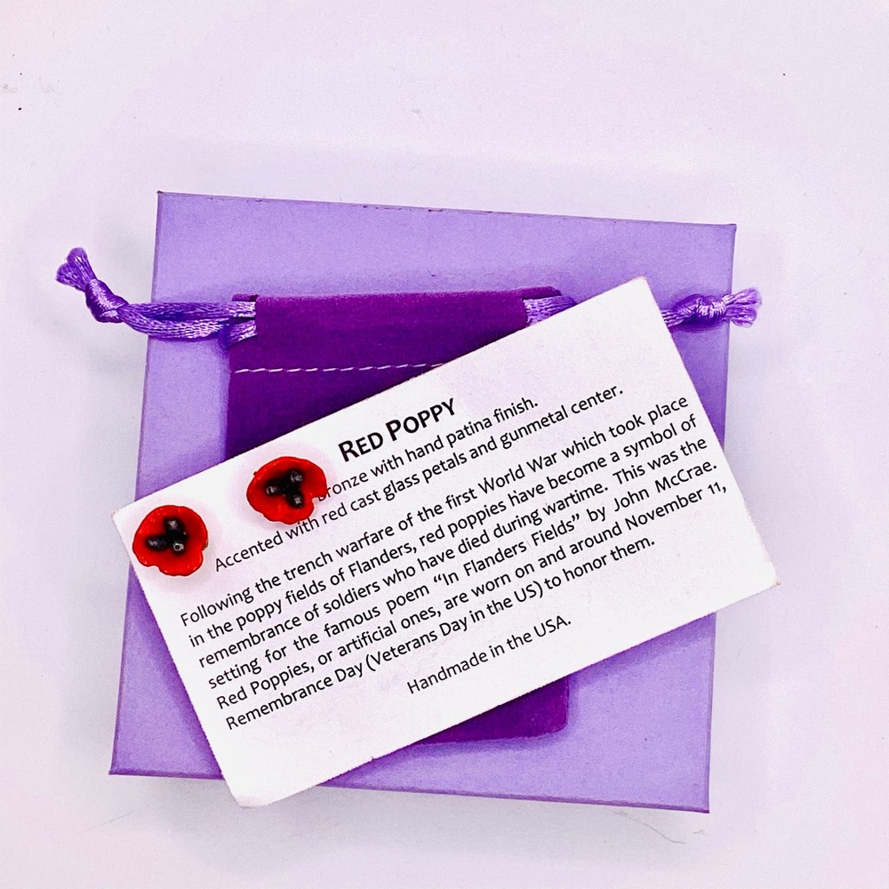 Red Poppy Bronze dipped gunmetal made Stud Earrings. 4th of July!
